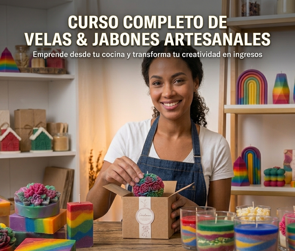 Una imagen publicitaria cuadrada que muestra a una mujer sonriente con delantal de jean empacando una vela artesanal colorida en forma de flores dentro de una caja de cartón kraft. En primer plano, sobre una mesa de madera, se aprecian jabones artesanales con diseños de arcoíris y suculentas, junto a vasos de vidrio con velas de arena de colores en capas. El fondo muestra estanterías blancas con más velas decorativas. En la parte superior, incluye el texto en letras grandes: 'CURSO COMPLETO DE VELAS & JABONES ARTESANALES - Emprende desde tu cocina y transforma tu creatividad en ingresos'.