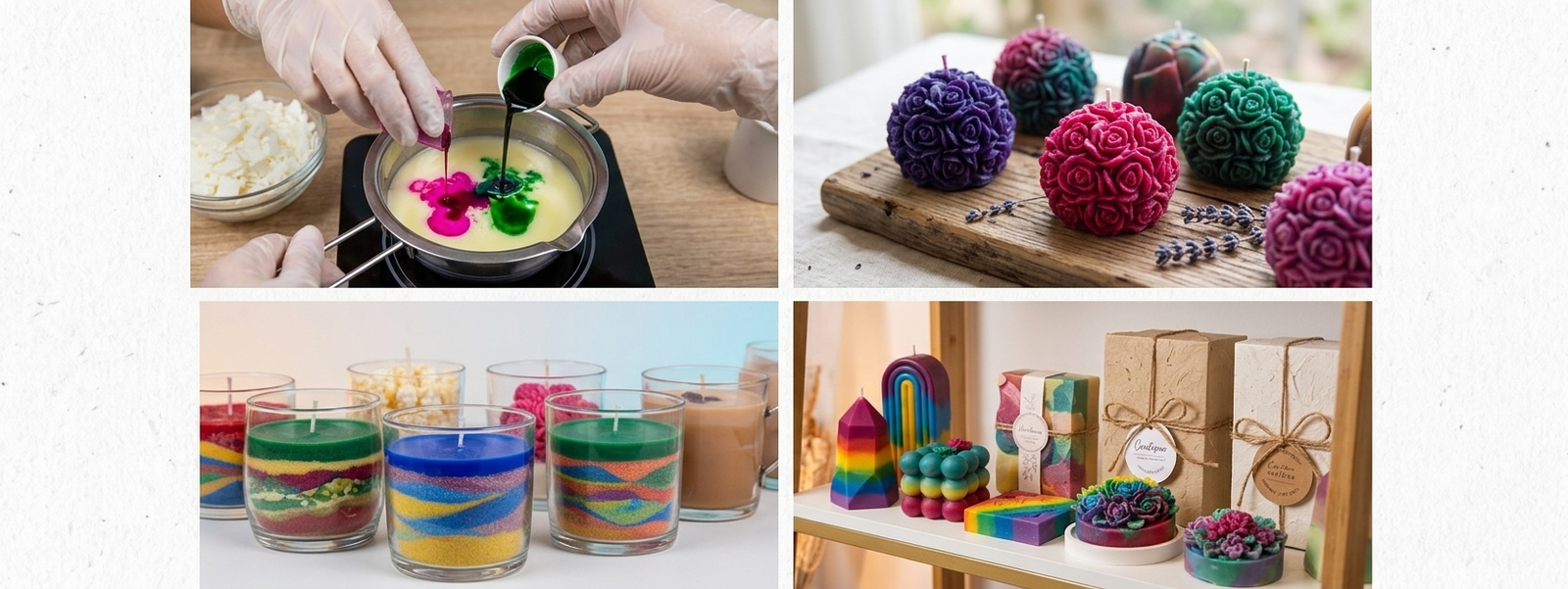 Un mosaico de cuatro fotografías que ilustran el proceso de creación y venta de velas artesanales coloridas. Incluye la mezcla de tintes vibrantes en cera derretida, velas terminadas en forma de rosas sobre madera, vasos con velas de arena de colores en capas, y una exhibición de productos listos para la venta con empaques ecológicos y etiquetas personalizadas en una estantería de madera.